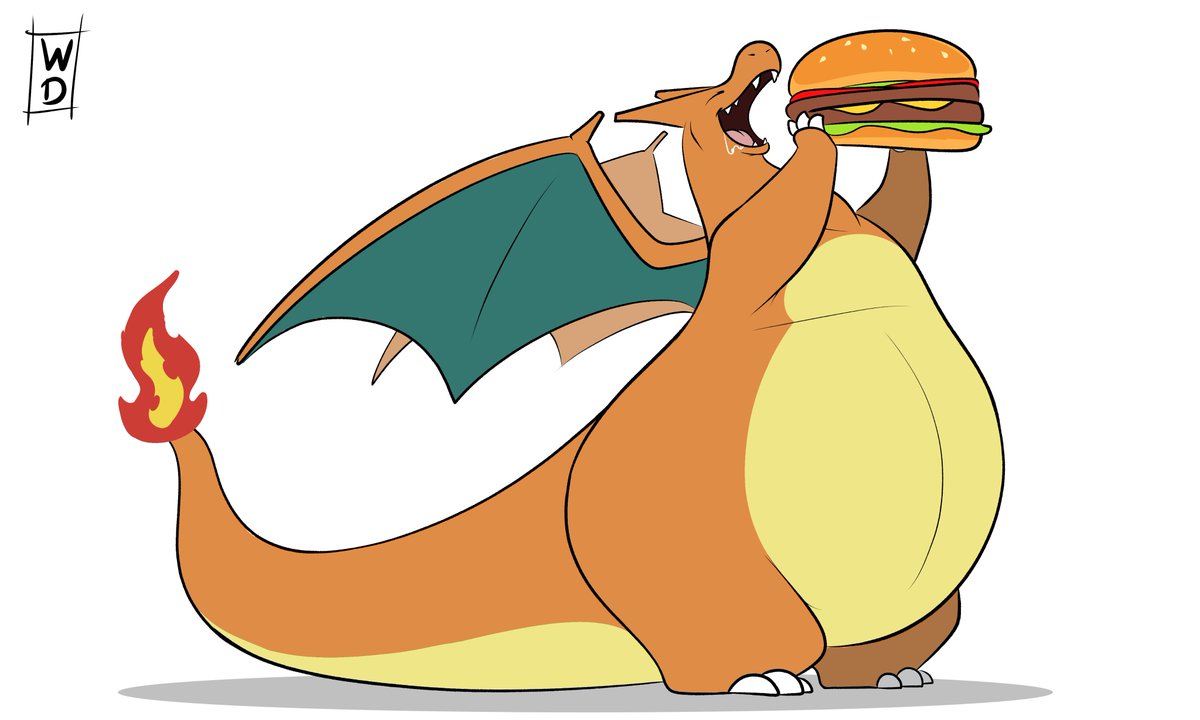 A charizard happy to get a burger