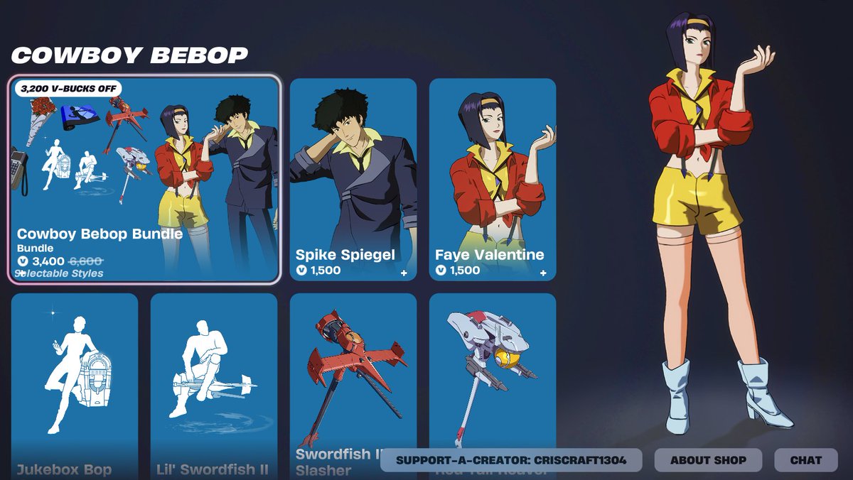 COWBOY BEBOP COLLAB SKINS &amp; COSMETICS ARE BACK!

Consider using code "CrisCraft1304" it helps a lot!! 💛