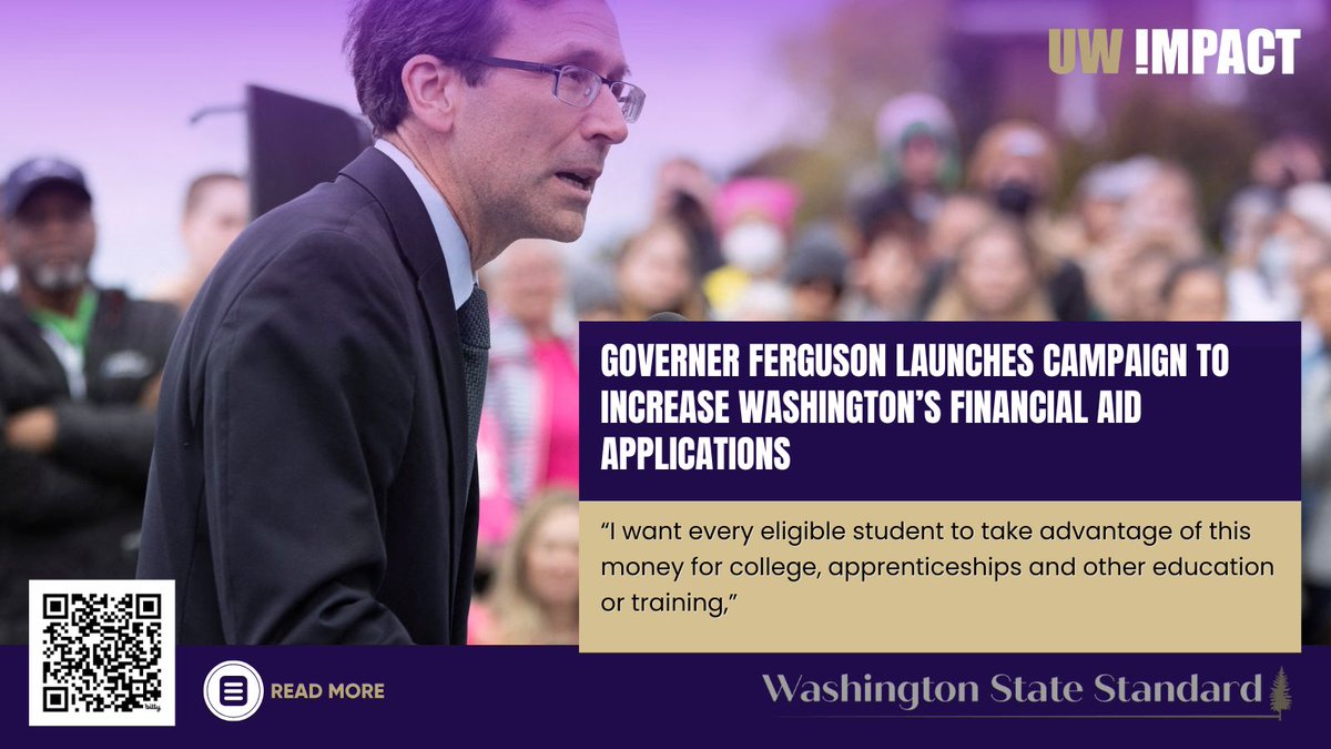 Washington ranks 47th in FAFSA applications, despite 40%+ eligibility. Governor Ferguson has launched the Washington Completes FAFSA Campaign to boost rates.

Read more via the Washington State Standard: bit.ly/3ImBFnu

#HigherEd #UWImpact