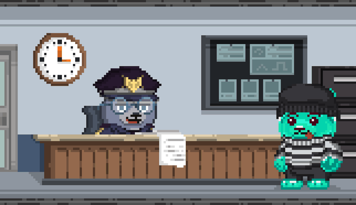 GM from these two bears, a cop and a robber! <a href="/pixels_online/">Pixels</a> <a href="/_bearsatwork/">Bears at Work 🐻</a>