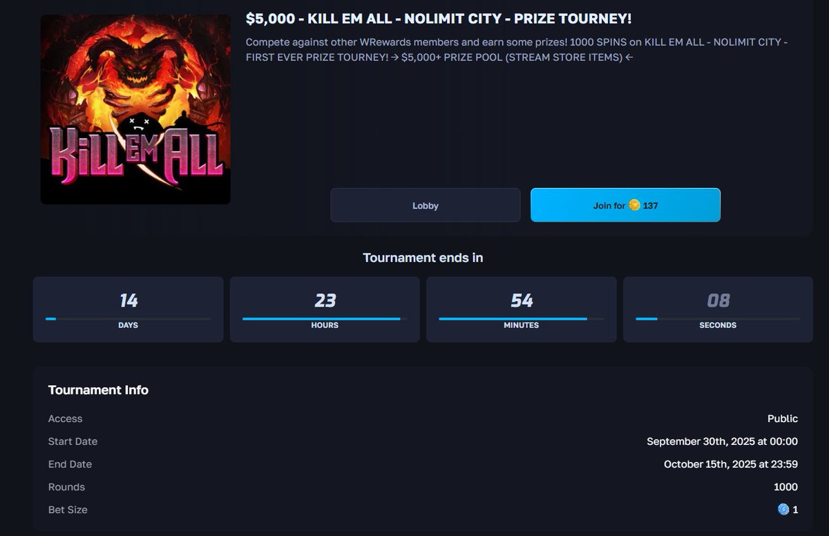 Lets start this month with a $5,000+ TOURNEY! 

Win STORE ITEMS for just 137 Points on entry! 

1000 SPINS - 10 WINNERS - GOOD LUCK 

ps: Make sure to spin it on $1 ... otherwise it wont count! 

wrewards.com/tournaments/5b…