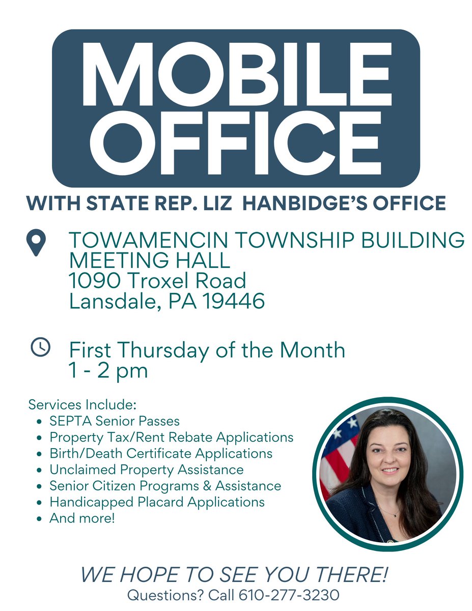 RepHanbidge's tweet image. My mobile office will be at the Towamencin Township building on Thursday, October 2, 2025, from 1-2 PM. We can assist with any and all state services, process Senior SEPTA passes, and so much more! Please stop by to learn how my office can best serve you!