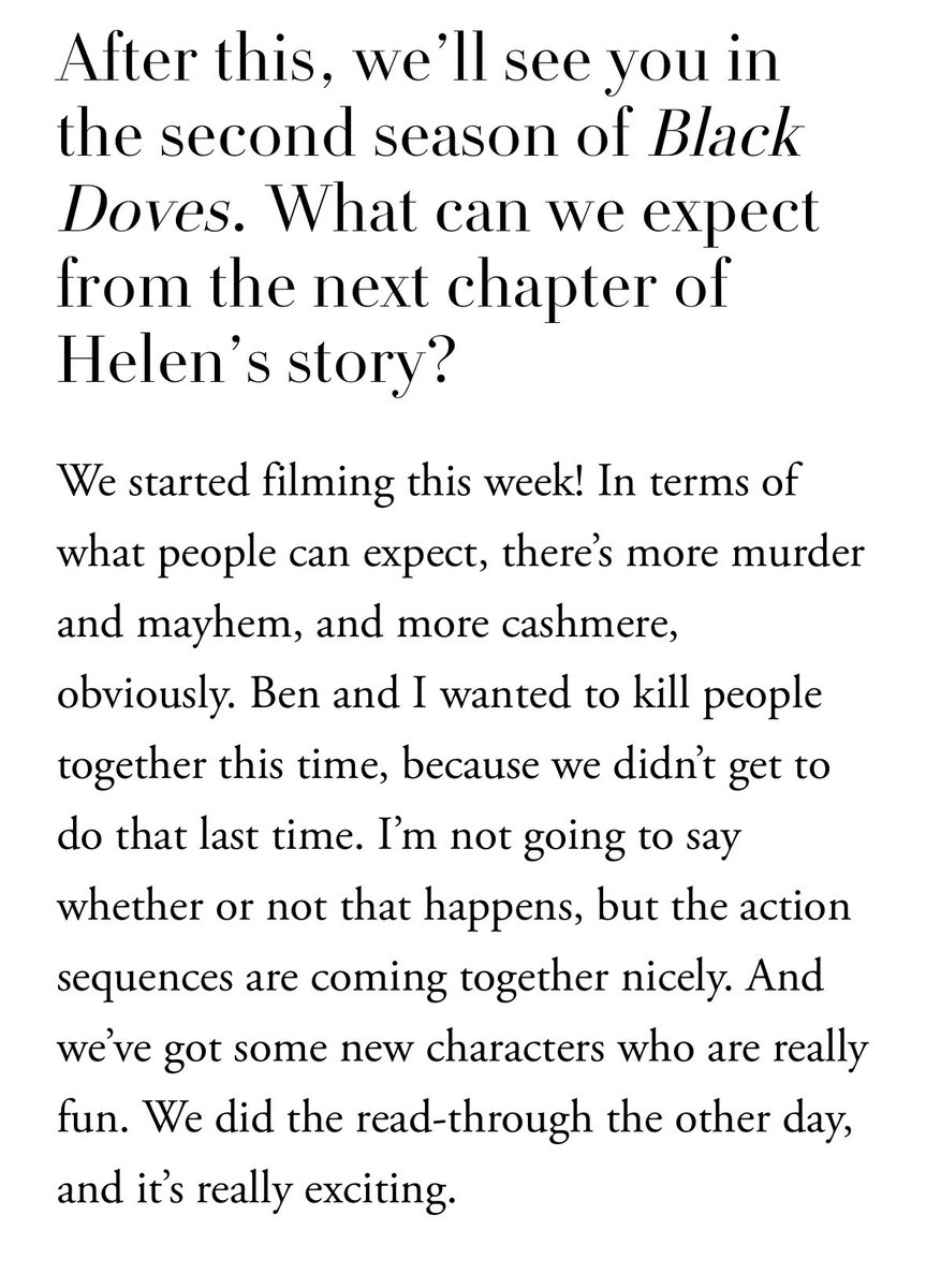 Keira Knightley talks about Ben Whishaw &amp; Black Doves in a new interview - and reveals that filming of season 2 started this week! 

(🔗: vogue.co.uk/article/keira-…)