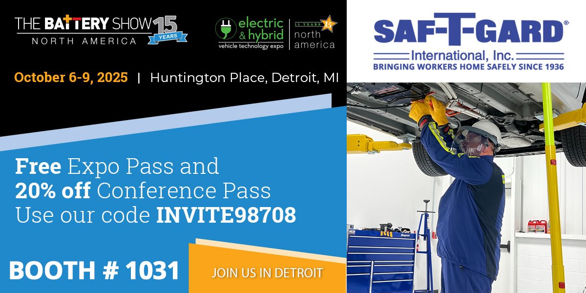 saftgard's tweet photo. 🔋We're excited to exhibit at @thebatteryshow &amp; @EVTechExpo next week! 
📍Visit us at Booth #1031 to explore our EV safety solutions that protect &amp; emPOWER your team.

Can’t attend? Check out our virtual booth: https://t.co/GfBduGgyYb

#TheBatteryShow #EVTechExpo #EVSafety https://t.co/GxUoLgOhTs