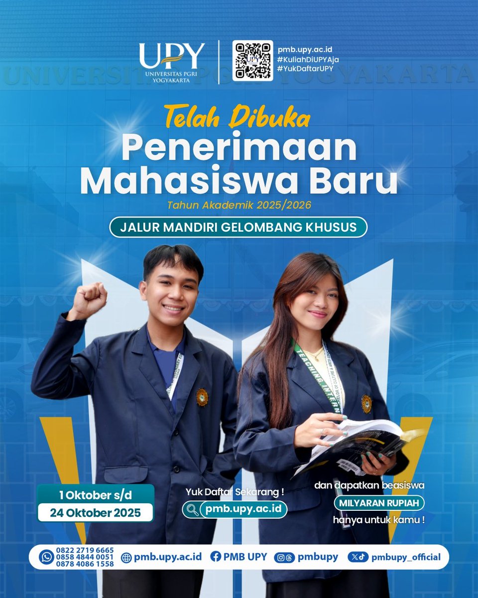 pmbUPY_Official's tweet image. Telah dibuka Jalur Mandiri Gelombang Khusus untuk kamu yang belum daftar kuliah hingga saat ini. Jangan cuma ditunda, Yuk Daftar Sekarang! ➡️ pmb.upy.ac.id

#PMBUPY #UPY #KampusJogja #MahasiswaBaru #BeasiswaUPY #MasaDepanGemilang #JalurMandiri #Yogyakarta #JalurKhusus