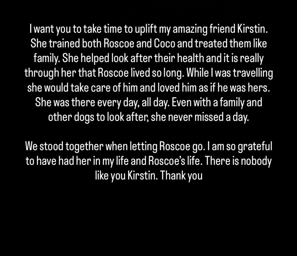 ลูอิสออกมาพูดถึงคุณ Kirstin เทรนเนอร์ที่คอยดูแลทั้งโคโค่&amp;รอสโค่ให้ลูอิส เวลาคุณ Kirs มาอัพเดทน้อง ชีดูแลรอสโค่ดีมากจริงๆ ตอนที่ลูอิสตัดสินใจput to sleep คุณ Kirs ก็อยู่ด้วย นอกจากลูอิสที่คงเสียใจมาก ก็ขอส่งกลจ.ให้ชีด้วยเพราะชีก็ผูกพันธ์กับน้องมากเหมือนกัน ดูแลกันมาเป็น 10 ปีอ่ะ😭