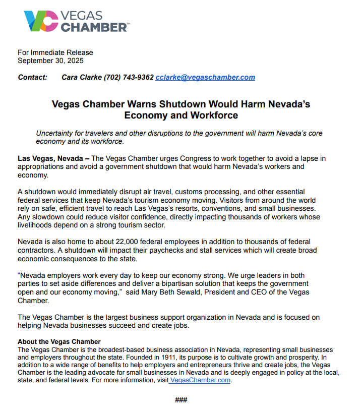lvchamber's tweet photo. NEWS - The Vegas Chamber is urging Congress to avoid a government shutdown that would harm Nevada’s economy and workforce. 

Read the full statement. https://t.co/qsJWpx9hUr