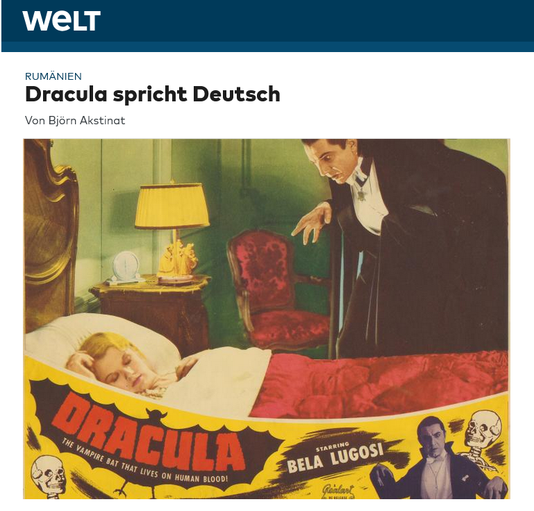 Dracula spricht Deutsch!

Artikel des IMH-Leiters in der <a href="/welt/">WELT</a> über neue literaturwissenschaftliche Erkenntnisse zu Bram Stokers #Dracula-Roman: to.welt.de/2gaAibZ

#deutscheSprache #Rumänien #Romania #Siebenbürgen #Transsylvania <a href="/RBistrita/">Reporter de Bistrita</a> <a href="/Bistrita24/">Bistrita24.ro</a> <a href="/Bistriteanul_Ro/">Bistriteanul.ro</a> <a href="/NZZ/">NZZ</a>