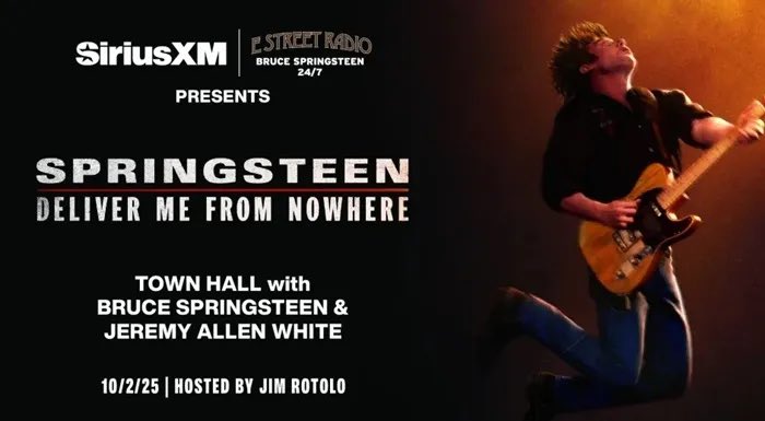 SpringNuts_'s tweet image. SiriusXM satellite radio has announced a “Town Hall” event, at which E Street Radio (channel 20) host @JimRotolo will interview Bruce @springsteen and actor Jeremy Allen White (who plays Springsteen in the upcoming film, “#springsteendelivermefromnowhere ”), with fans given the…