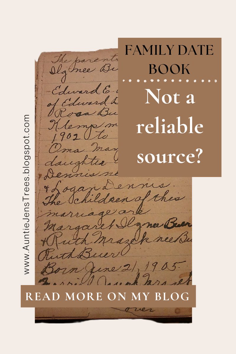 Did you know that not all information provided by family members can be considered reliable? That even something as simple as a datebook can be wrong? To learn more, read my blog: 
👇👇
auntiejenstrees.blogspot.com/2018/10/family…

#Genealogy #Ancestry #FamilyHistory #AuntieJen #MyTwistedTree