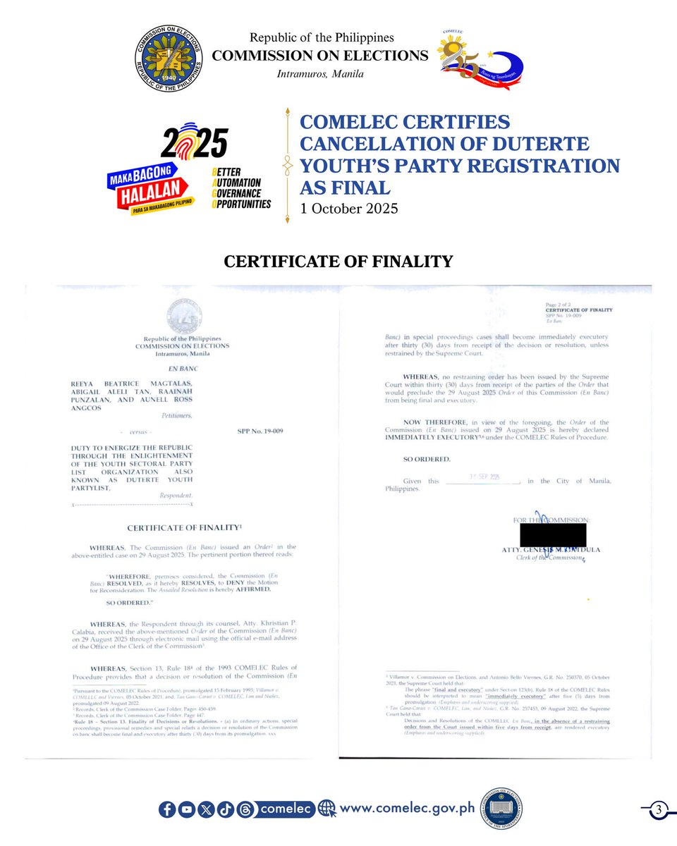 COMELEC's tweet image. 𝐂𝐎𝐌𝐄𝐋𝐄𝐂 𝐒𝐓𝐀𝐓𝐄𝐌𝐄𝐍𝐓 | 𝟏 𝐎𝐜𝐭𝐨𝐛𝐞𝐫 𝟐𝟎𝟐𝟓

𝐂𝐎𝐌𝐄𝐋𝐄𝐂 𝐂𝐄𝐑𝐓𝐈𝐅𝐈𝐄𝐒 𝐂𝐀𝐍𝐂𝐄𝐋𝐋𝐀𝐓𝐈𝐎𝐍 𝐎𝐅 𝐃𝐔𝐓𝐄𝐑𝐓𝐄 𝐘𝐎𝐔𝐓𝐇’𝐒 𝐏𝐀𝐑𝐓𝐘 𝐑𝐄𝐆𝐈𝐒𝐓𝐑𝐀𝐓𝐈𝐎𝐍 𝐀𝐒 𝐅𝐈𝐍𝐀𝐋

#COMELEC
#COMELECStatement