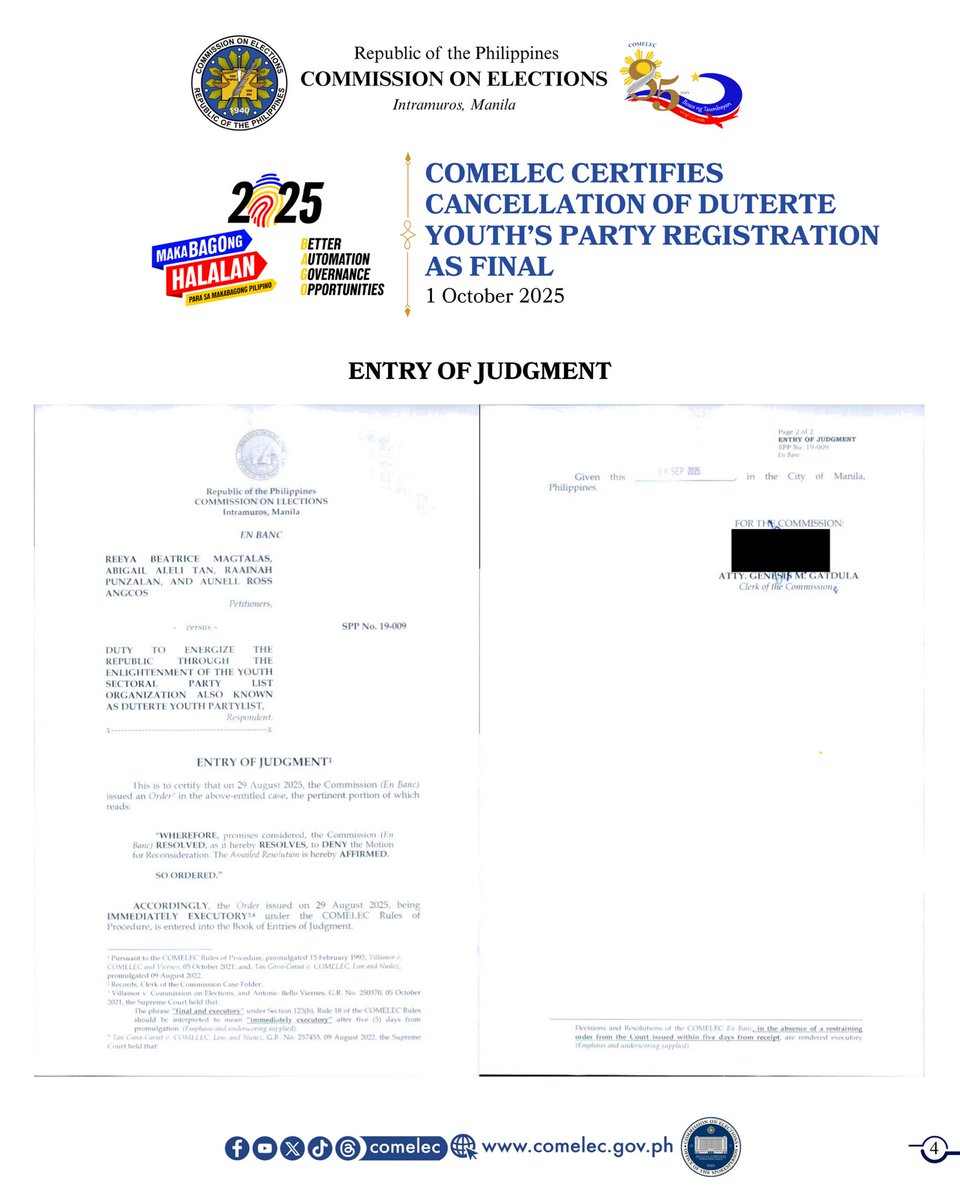 COMELEC's tweet image. 𝐂𝐎𝐌𝐄𝐋𝐄𝐂 𝐒𝐓𝐀𝐓𝐄𝐌𝐄𝐍𝐓 | 𝟏 𝐎𝐜𝐭𝐨𝐛𝐞𝐫 𝟐𝟎𝟐𝟓

𝐂𝐎𝐌𝐄𝐋𝐄𝐂 𝐂𝐄𝐑𝐓𝐈𝐅𝐈𝐄𝐒 𝐂𝐀𝐍𝐂𝐄𝐋𝐋𝐀𝐓𝐈𝐎𝐍 𝐎𝐅 𝐃𝐔𝐓𝐄𝐑𝐓𝐄 𝐘𝐎𝐔𝐓𝐇’𝐒 𝐏𝐀𝐑𝐓𝐘 𝐑𝐄𝐆𝐈𝐒𝐓𝐑𝐀𝐓𝐈𝐎𝐍 𝐀𝐒 𝐅𝐈𝐍𝐀𝐋

#COMELEC
#COMELECStatement