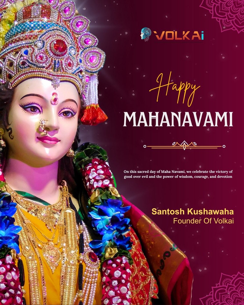 santoskumar1987's tweet photo. ✨ Happy Maha Navami! ✨🌸
On this sacred day of Maha Navami, we celebrate the victory of good over evil and the power of wisdom, courage, and devotion. 🙏💫
 Just like Maa Durga inspires us to conquer challenges, let’s embrace new skills and knowledge to conquer the challenges of our own lives.
🔥 This Navami, power up your mind with AI-powered creativity at Volkai – create, learn, and grow with the energy of new beginnings. 💡💪
🌼 May Maa Durga bless you with strength, success, and endless possibilities. 🌼
#MahaNavami #Navratri #HappyMahaNavami #DurgaPuja #FestivalOfStrength #AIForEveryone #Volkai #CreateWithAI #PowerOfKnowledge #GoodOverEvil