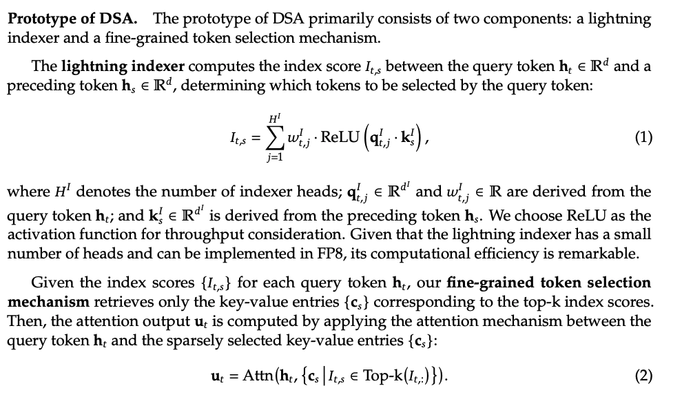 Some notes on DeepSeek's v3.2's sparse attention mechanism 

DSA can be thought of as a noncontiguous sliding window where each token only attends to 2048 other tokens. This means that both memory to load and FLOPs is constant at O(2048) (for decode at least).