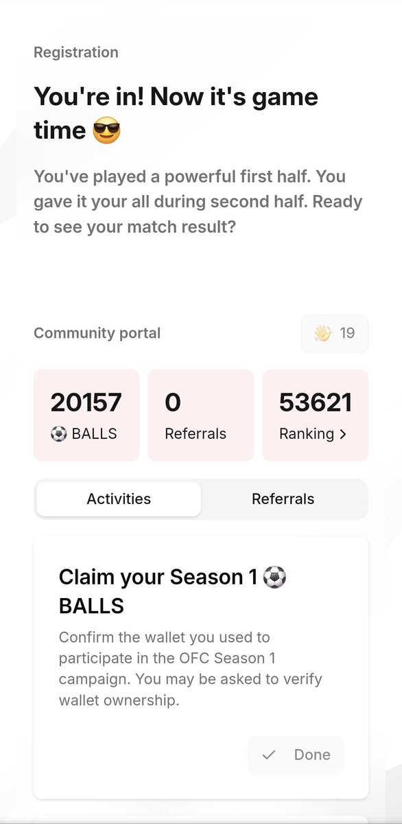 It's already Uptober football fam 🚀⚽️
Day 19 0f claiming my balls <a href="/ofc_the_club/">OneFootball Club</a> 

Binance alpha ❌️
Kaito yapping  ❌️
Community ✅️

Are you still not bullish, huh? 

Consistency is the key <a href="/chokmahxbt/">Chokmah</a> <a href="/dnns_eth/">dnns</a> <a href="/_viN040/">vince.football</a> 

GM onefootball fans ⚽️☀️🚀