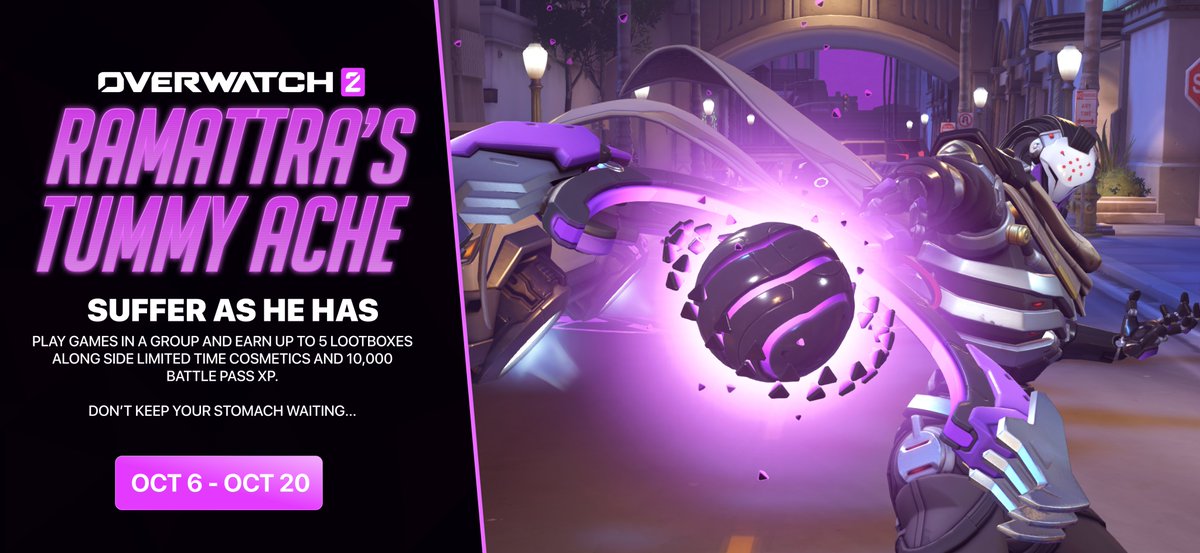 PotNoodleOW's tweet photo. Suffer As He Has! 🤖

Ramattra's limited-time Tummy Ache event starts October 6th allowing players to earn limited-time cosmetics alongside 5 loot boxes by participating in games as part of a group 🥳

Don't keep your stomach waiting... 🦠

Ends October 20th 📅 https://t.co/R691lJVGWc