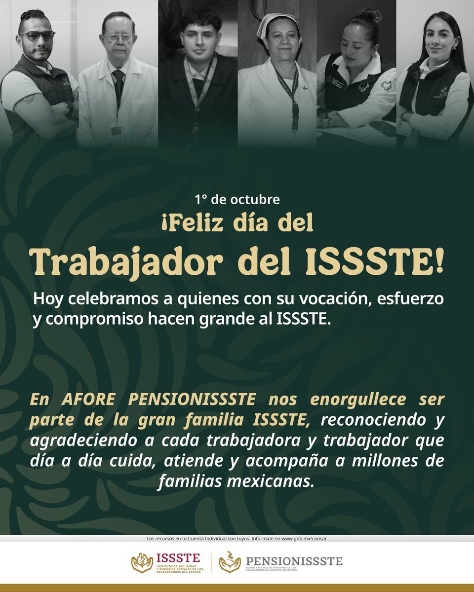 PENSIONISSSTE_'s tweet photo. ♥️✨ En AFORE @PENSIONISSSTE_ nos enorgullece ser parte de la gran familia ISSSTE, y queremos decirles: GRACIAS por su entrega, esfuerzo y pasión.
🙌 ¡Feliz día del Trabajador del @ISSSTE_mx !
#DíaDelTrabajadorDelISSSTE #FamiliaISSSTE #YoTeCuido https://t.co/uqWU38gZIp