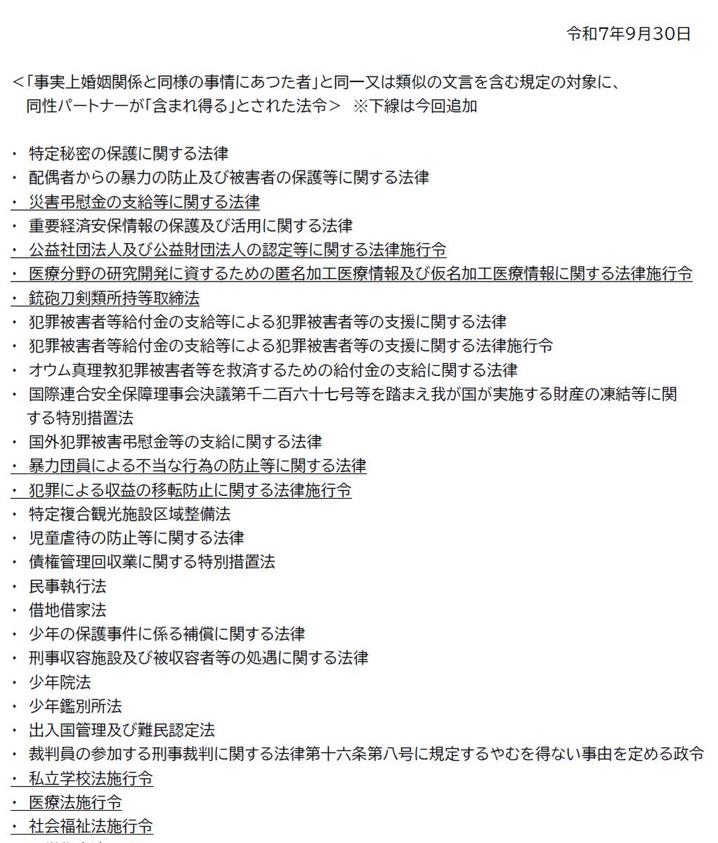 内閣官房のサイトで、今回、親族・配偶者に同性パートナーを含むとした法令を確認したら

同性パートナーの遺族に権利を与えるのは、「災害弔慰金～」と「医療分野～」の2つ

残り7つは、法令の規制や不許可基準の対象に、同性パートナーを含むというもので、これ、犯給法の最高裁判決と関係ないやろ…