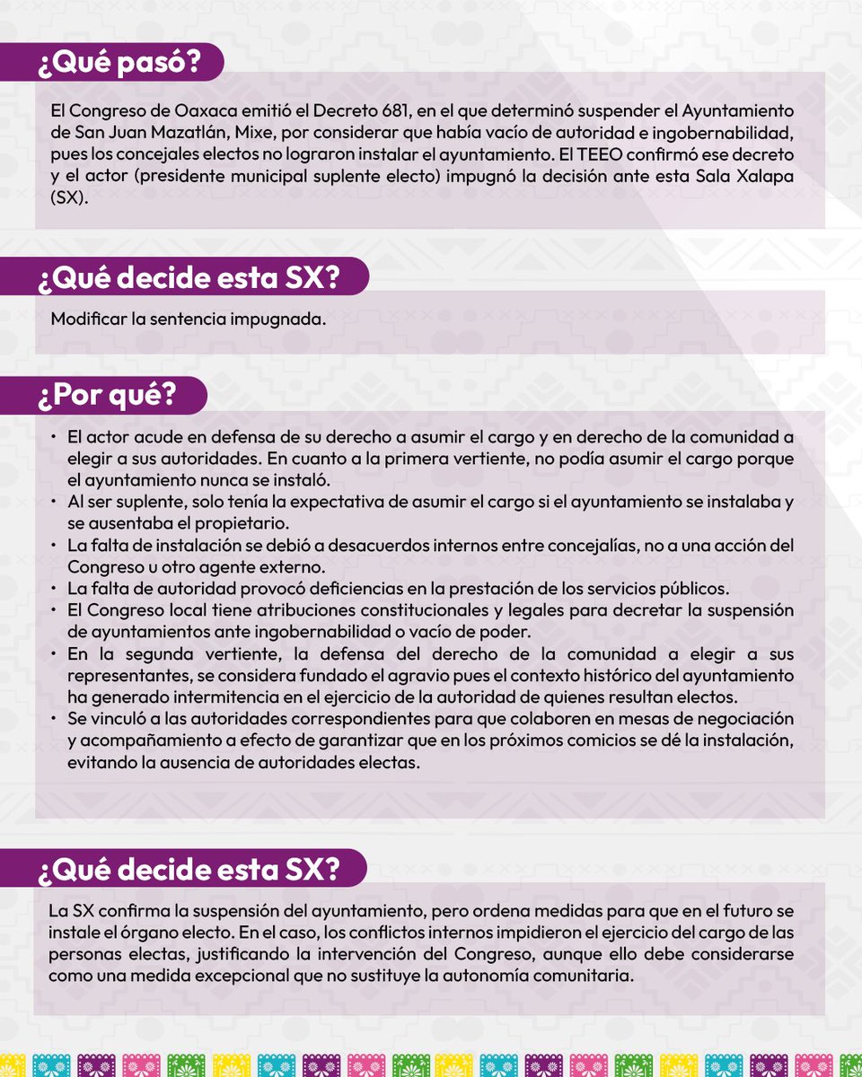 La justicia electoral debe asegurar gobernabilidad y respeto a la autonomía comunitaria.

Les comparto el caso que resolvimos hoy respecto a la decisión del TEEO sobre la suspensión del Ayuntamiento de San Juan Mazatlán, Mixe, Oaxaca.