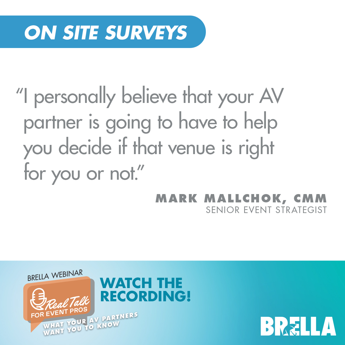 ❓Planning an AV-heavy event? 

👍Bring your AV partner to the venue site survey. They can provide a better understanding of the space, helping avoid those venue-related AV headaches later! #MeetingPlanners 

📢Watch our webinar for more planning insights! brella.com/webinars/real-…