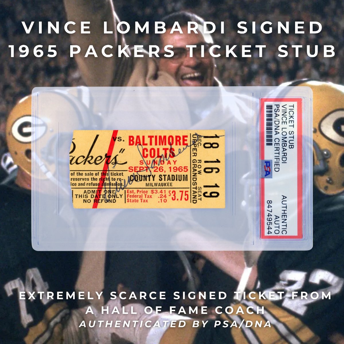 “Winning isn’t everything, it’s the only thing.” Vince Lombardi signed 1965 Packers ticket stub. One of the toughest Hall of Fame football signatures.

Oct 16 | weiss.auction/auctions
#VinceLombardi #NFLHistory