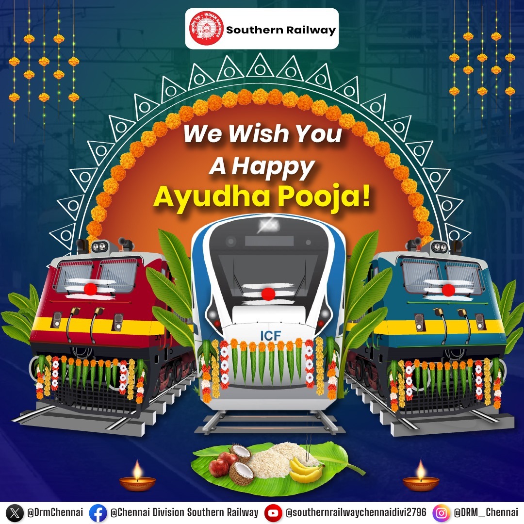 DrmChennai's tweet photo. Chennai Division wishes you a Happy Ayudha Pooja! 

On this Ayudha Pooja, we honor the tools that keep us moving and celebrate the spirit of hard work &amp; devotion. 

#AyudhaPooja #AyudhaPooja2025 #SouthernRailway #IndianRailways #ToolsOfProgress #TracksOfTradition https://t.co/biETjP8dUz