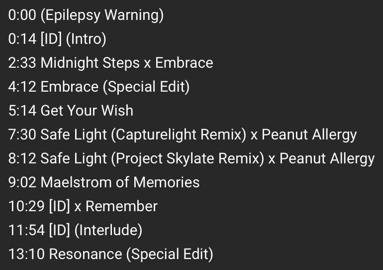 singtoconley's tweet photo. Quiet Comet's VIBENIGHT II set has had its timestamps updated, previously they were about 14 seconds behind. Sorry about that!

Also changed the labels on the new originals from "???" to "[ID]", as YouTube wouldn't actually show the former when scrubbing on the progress bar. https://t.co/UcHnilVwRR