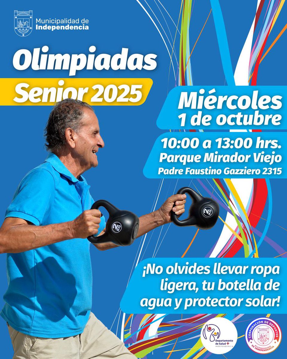 Los invitamos a las Olimpiadas Senior 2025 que realizaremos mañana miércoles 1 de octubre en el Parque Mirador Viejo, de 10:00 a 13:00 hrs.

No olviden llevar ropa ligera, agua y protector solar. ¡Los esperamos! 🌞💪
