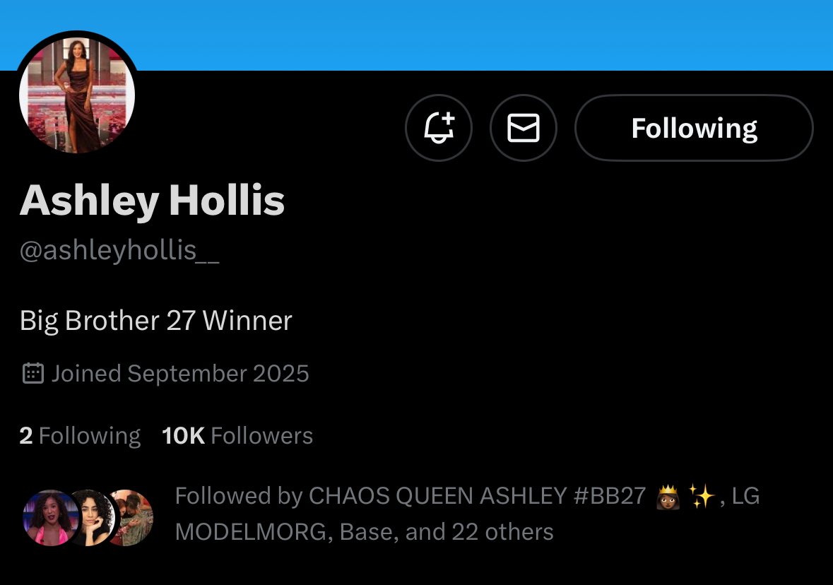 pariahryah's tweet photo. 🚨🚨🚨
ASHLEY HOLLIS, WINNER OF BB27, HAS HIT 10K FOLLOWERS.

SHE CAN NOW GO LIVE WITH FOURTH BOOT, JIMMY HEAGERTY!! #bb27 #hollishive #MICKTATOR @jimmyheagerty @ashleyhollis__ @TheMickeyCLee https://t.co/BIt9KLlbga