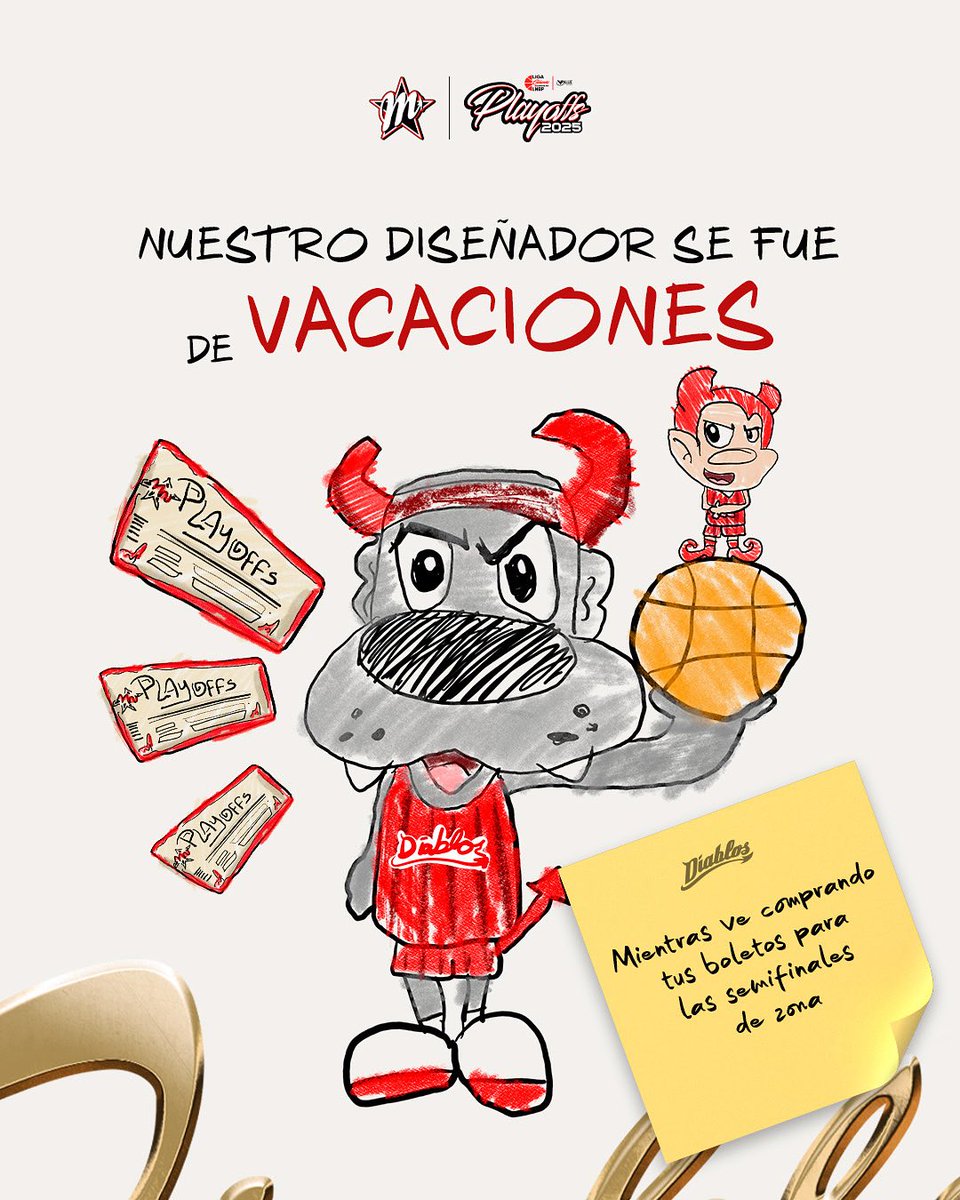 No tenemos diseñador (anda de vacaciones), pero sí tenemos SEMIFINAL DE ZONA… ¡y tus boletos ya te están esperando! 🏀👹

🗓️ 9 y 10 de octubre 
🕣 8:15pm
📍 Gimnasio Juan de la Barrera 
🆚 Por definir

Boletos: bit.ly/40HIDJs

#VamosDiablos