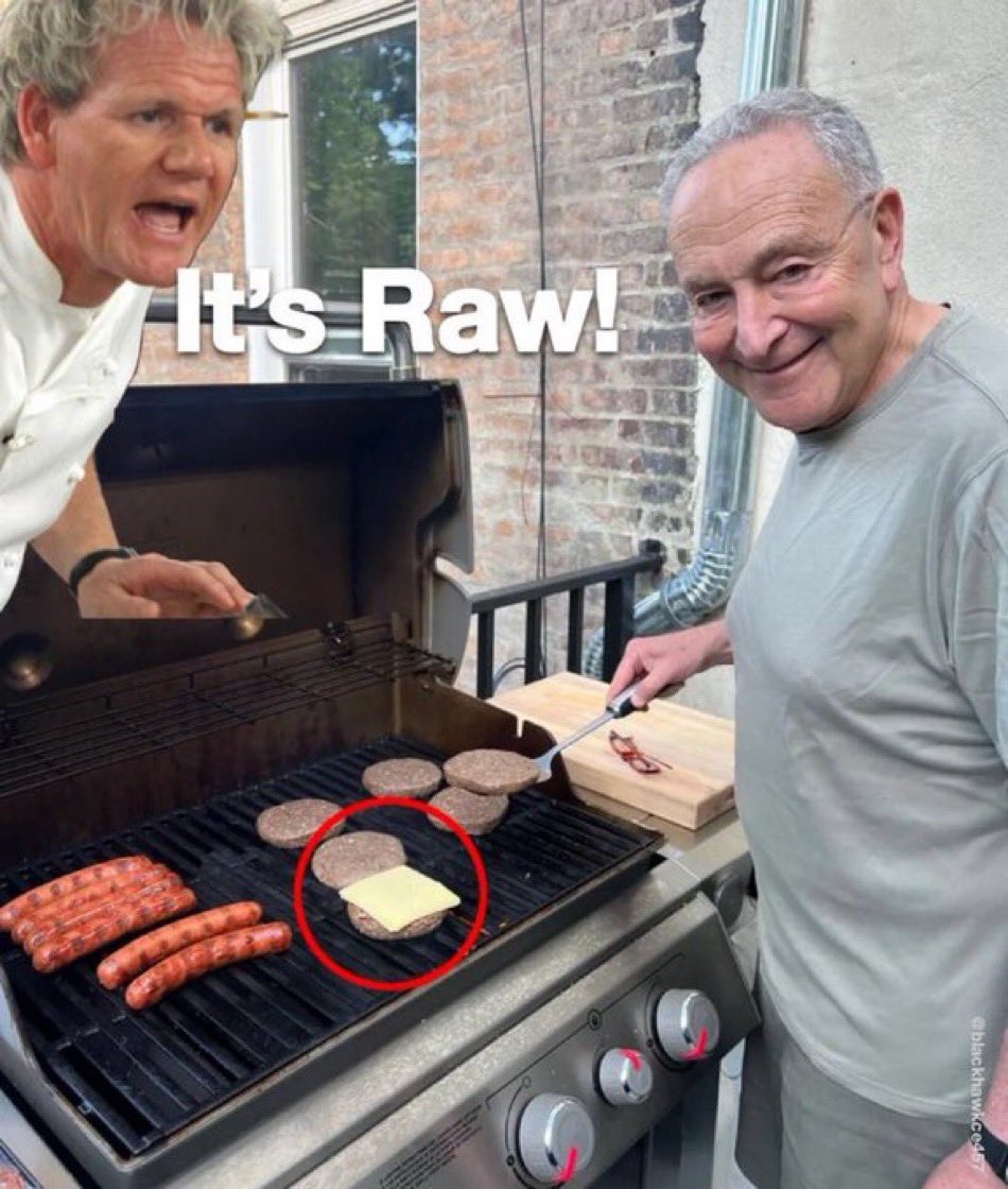 booterlehman's tweet image. Never trust a man who doesn’t know how to grill a cheeseburger. 

Schumer Shutdown 
#SchumerShutdown 
#SchumerShutdown2025