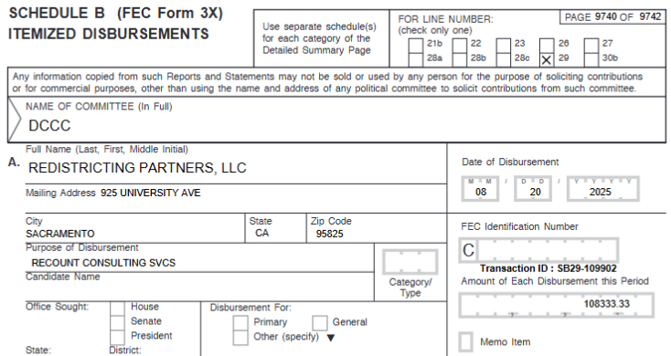 marcjoffe's tweet photo. We now know who paid for the Proposition 50 maps with a high degree of confidence.

The Democratic Congressional Campaign Committee paid Redistricting Partners LLC $108,333.33 on August 20 according to FEC reports.

This appears to be a partial payment. https://t.co/J7bavXM9o9