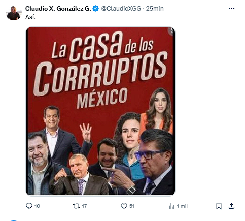 Chamuco Canijo (@plinioalfonso) on Twitter photo Según su lógica el gobierno actual es corrupto.
Según sus ingresos son superiores y pueden hacer lo que quieran.
Según ellos todo se compra con dinero y a ellos les sobra.
Porqué son corruptos <a href="/ClaudioXGG/">Claudio X. González G.</a>?
no te alcanzá para demostrarlo?
Esta es la oposición, cayeron bajo. Según su lógica el gobierno actual es corrupto.
Según sus ingresos son superiores y pueden hacer lo que quieran.
Según ellos todo se compra con dinero y a ellos les sobra.
Porqué son corruptos <a href="/ClaudioXGG/">Claudio X. González G.</a>?
no te alcanzá para demostrarlo?
Esta es la oposición, cayeron bajo.