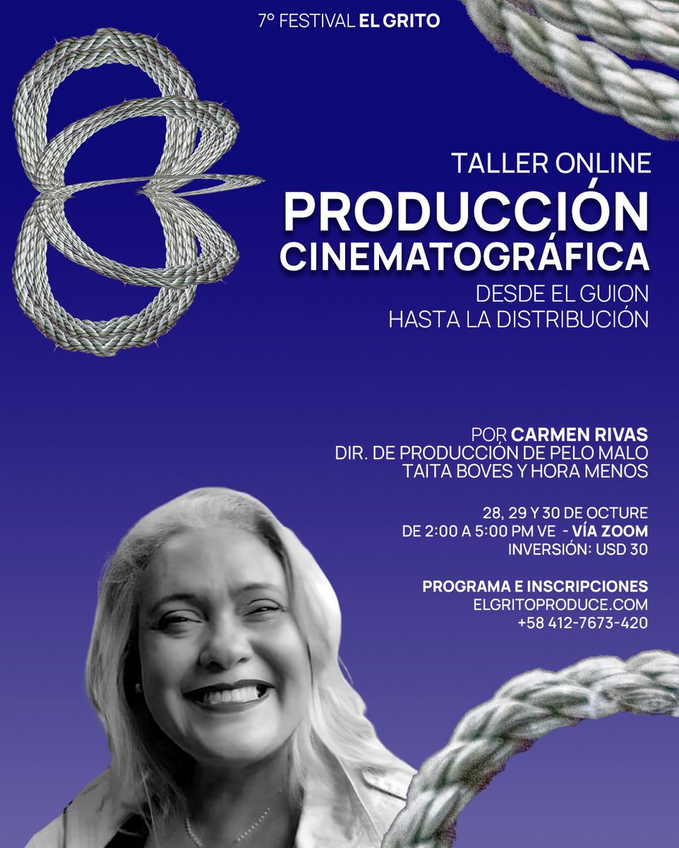 Taller online 🎬🗂️

PRODUCCIÓN CINEMATOGRÁFICA 
Desde el guion hasta la distribución 

Por Carmen Rivas
Dir. de Producción de Pelo Malo y Taita Boves
28, 29 y 30 de octubre 
Vía Zoom

Programa, inscripciones y +info en elgritoproduce.com/taller-de-prod…