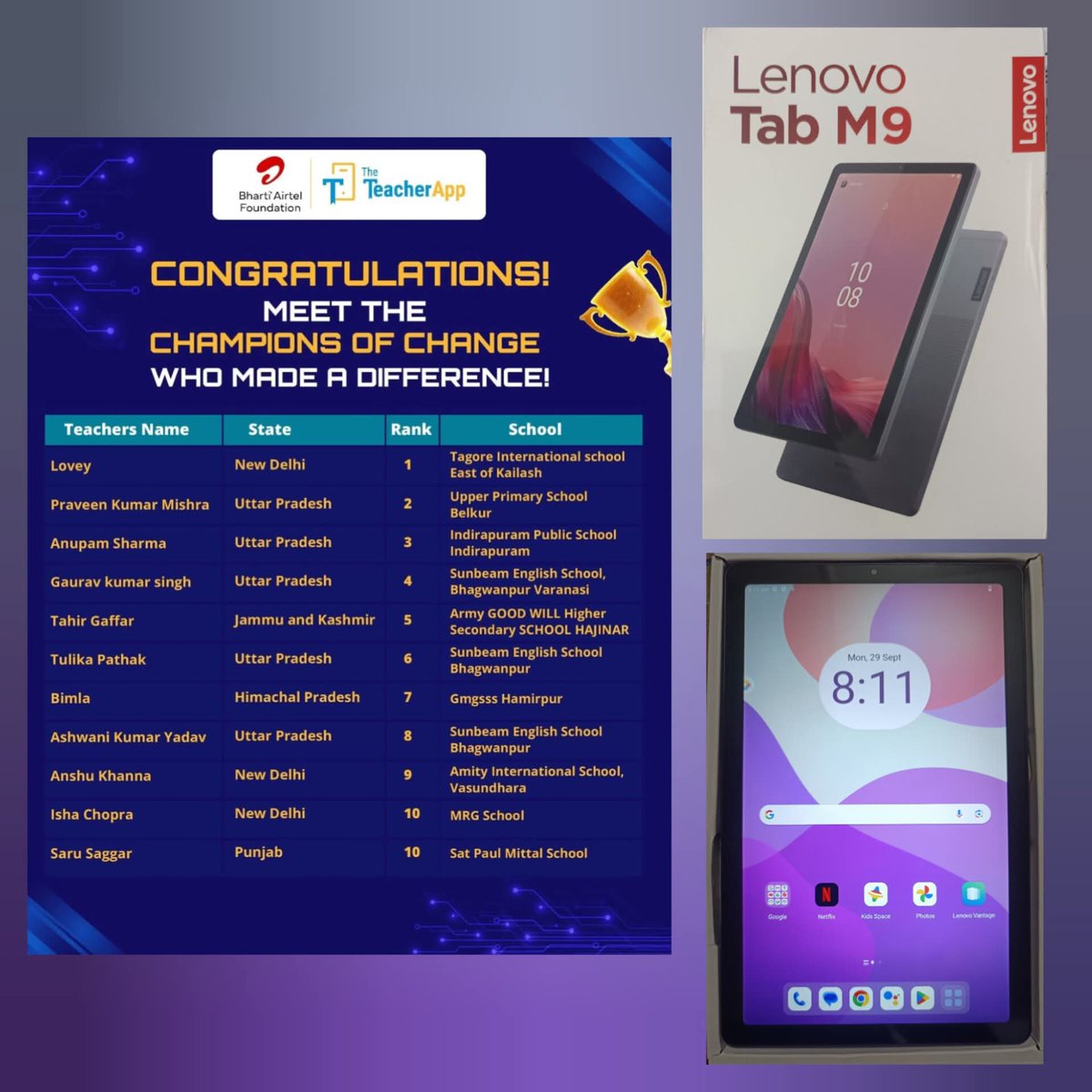 Secured 2nd place at the national level in the "Champions of Change" competition organized by <a href="/bhartiairtelfdn/">Bharti Airtel Foundation</a> (<a href="/TheTeacherApp_/">TheTeacherApp</a> ). 

Honored to receive a Lenovo Tablet M9📱 as an award. Truly grateful for the support and recognition 🙏🏻✨

#ChampionsOfChange #ProudMoment