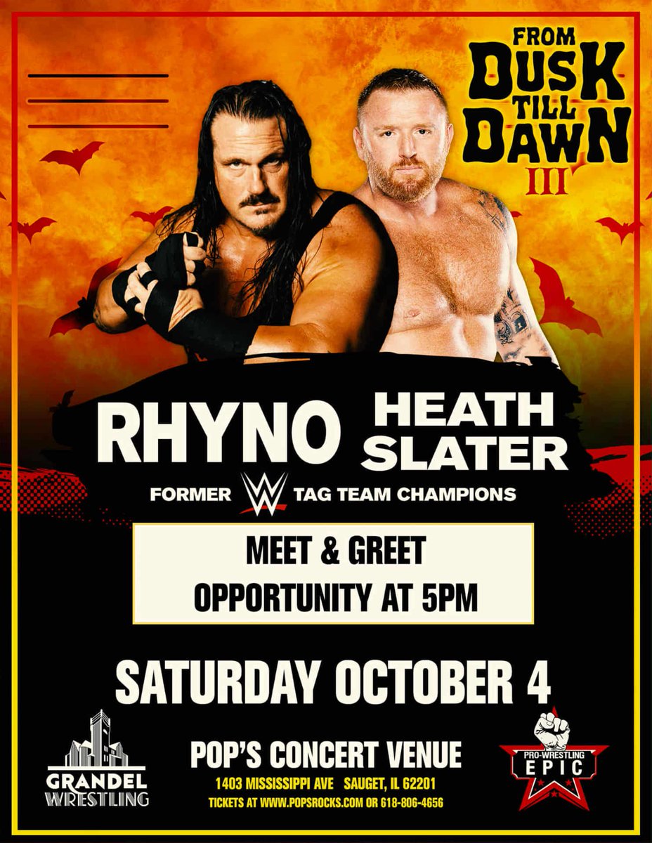 PWEpic's tweet image. You asked, and we shall deliver! 
This Saturday 5:00pm come down and meet the former Epic Wrestling Champion Rhyno, and the former Pro Wrestling Epic Interstate Champion Heath Slater!