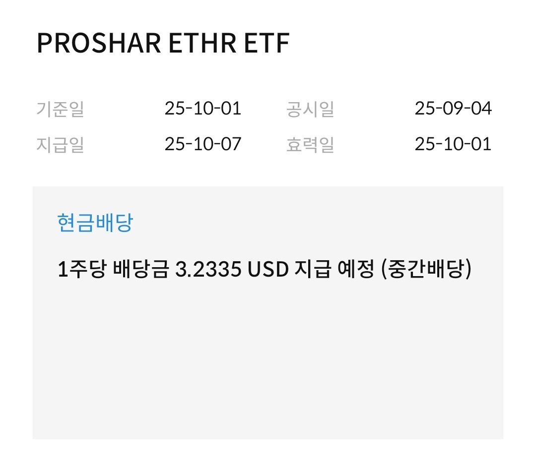 이더리움 선물 ETF $EETH -5% 급락 10월 1일 배당락 10월 7일 지급 1주당 3.2335 달러 (약 4.76%)