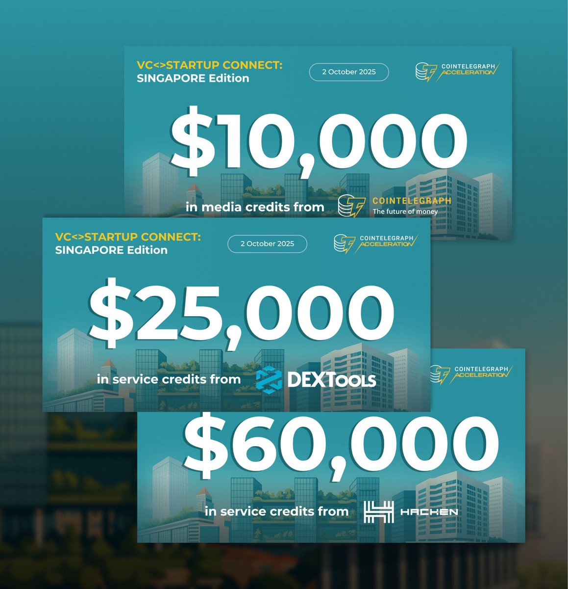 🇸🇬 Cointelegraph Accelerator is hosting a Pitch Contest at VC&lt;&gt;Startup Connect: Singapore Edition! 

Join us on October 2, 2025, as promising Web3 startups compete in front of top industry judges. 

Meet our judges <a href="/xbtwael/">Wael</a> from <a href="/DEXToolsApp/">DEXTools</a>, Mansoor Madhavji from <a href="/BlockchainFF/">Blockchain Founders Fund</a>,