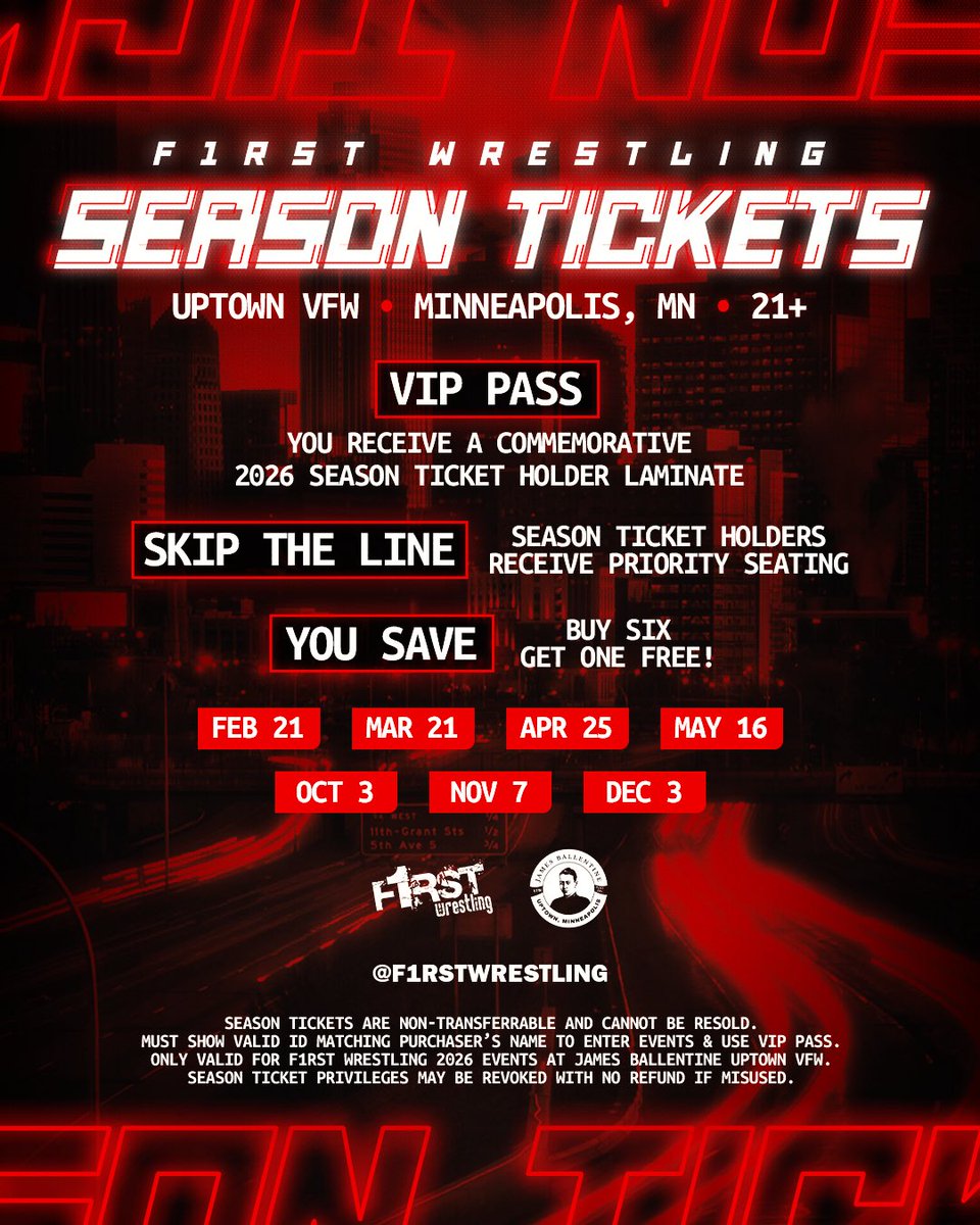 F1RST Wrestling (@f1rstwrestling) on Twitter photo You asked . . . WE LISTENED! 🤩
🎟️ 2026 SEASON TICKETS 🎟️
Valid for all 2026 <a href="/UptownVFW/">James Ballentine VFW</a> events!
⭐ Priority seating.
⭐ Commemorative VIP laminate.
⭐ Guaranteed access to the hottest ticket in town!
⏰ On sale TOMORROW at 12PM CST! You asked . . . WE LISTENED! 🤩
🎟️ 2026 SEASON TICKETS 🎟️
Valid for all 2026 <a href="/UptownVFW/">James Ballentine VFW</a> events!
⭐ Priority seating.
⭐ Commemorative VIP laminate.
⭐ Guaranteed access to the hottest ticket in town!
⏰ On sale TOMORROW at 12PM CST!