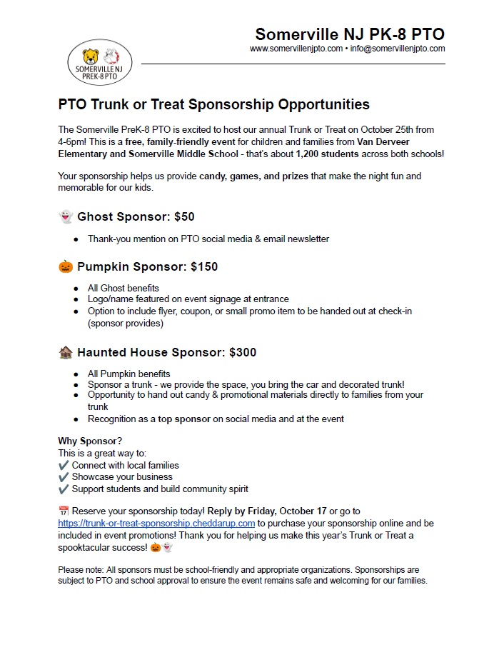 SomervilleNJPTO's tweet photo. Calling Local Businesses!

We are hosting a free Trunk or Treat for our students &amp; families, &amp; looking for Business Sponsors to help provide candy, games, &amp; prizes!

Sponsorships start at $50 &amp; are tax-deductible (we’re a 501(c)(3) nonprofit).

Sign up: 
https://t.co/9R7VF8xq6o https://t.co/E2BYat3k8w