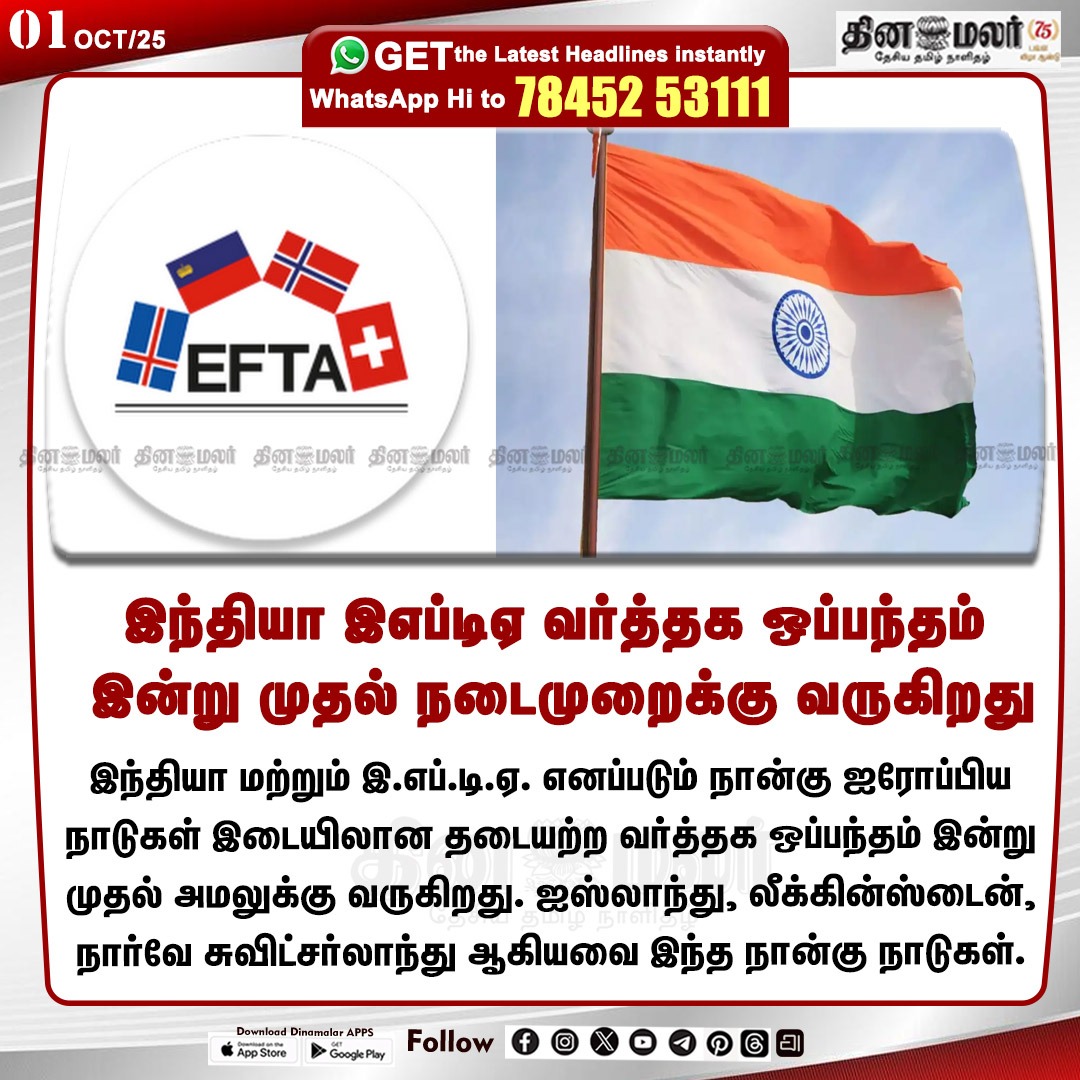 dinamalarweb's tweet photo. இந்தியா இஎப்டிஏ வர்த்தக ஒப்பந்தம் 
 இன்று முதல் நடைமுறைக்கு வருகிறது
#ETFA| #India| #Trade
https://t.co/y4W3uzOWeZ https://t.co/72ny4WkM4f