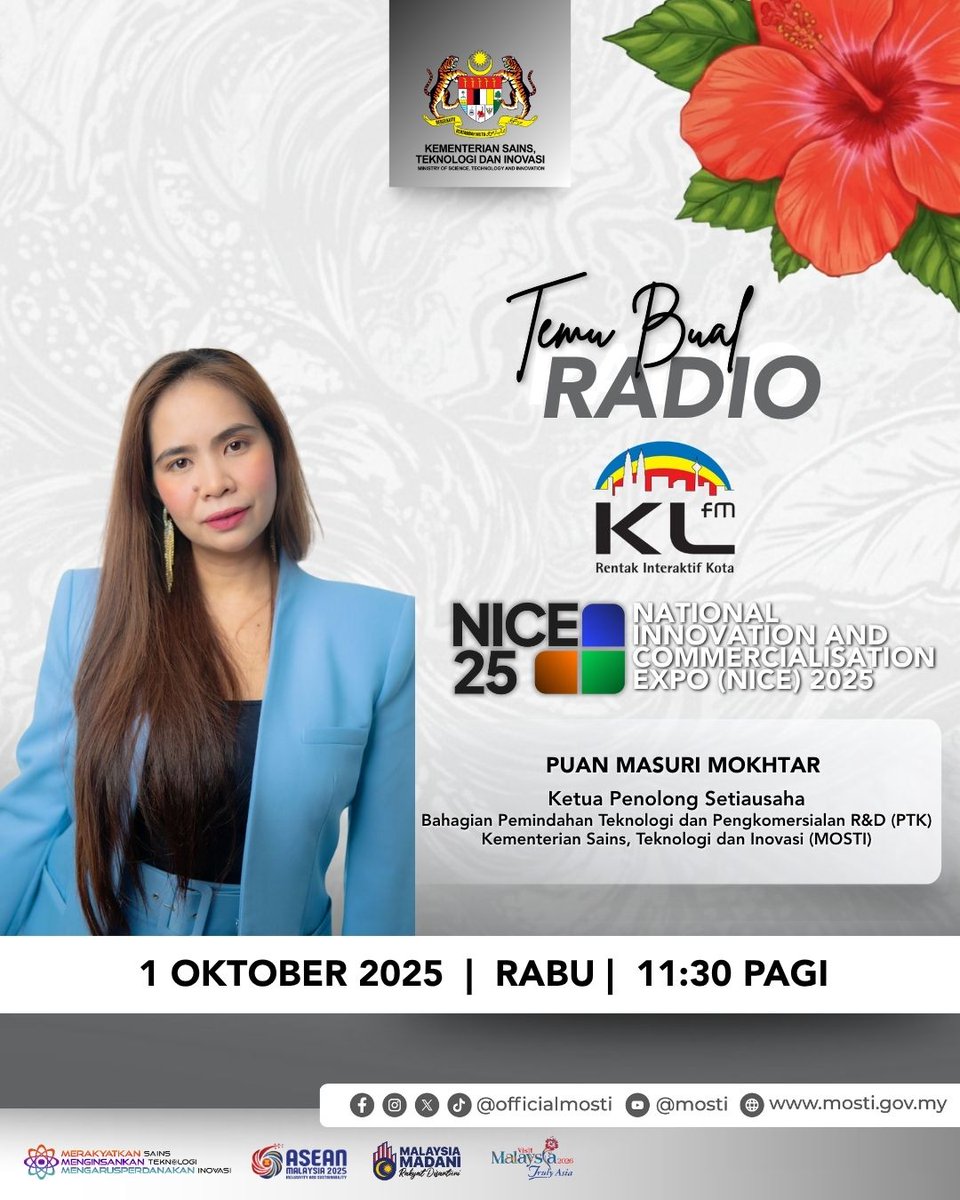 officialmosti's tweet image. 📻 Temu bual eksklusif mengenai NICE 2025 bersama YBrs. Puan Masuri Mokhtar (MOSTI)

📅 Rabu, 1 Okt 2025
🕚 11.30 pagi
📡 KLfm 97.2 FM | Online: rtmklik.rtm.gov.my/radio/negeri/k…

#MOSTI #NICE2025 #MalaysiaMADANI