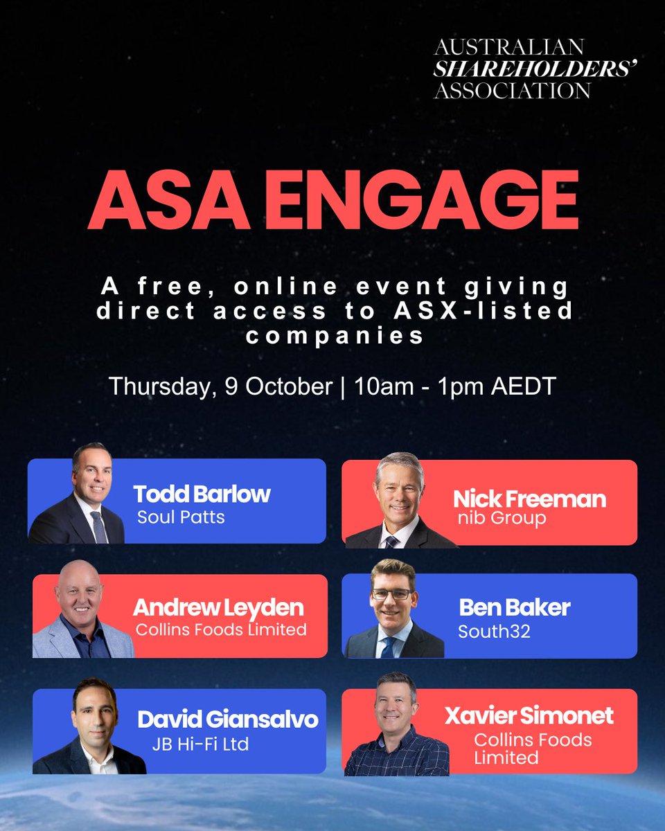 This free, online event gives you access to leading ASX companies, including <a href="/JBHiFi/">JB Hi-Fi</a>, <a href="/SandfireResLtd/">Sandfire</a>, <a href="/nibhealth/">nib health</a>, <a href="/South_32/">South32</a>, Soul Patts, and Collins Foods. 

Can’t attend live? Register anyway to access recordings. 

🔗 Register now: meetings.300.lumiconnect.com/r/participant/…