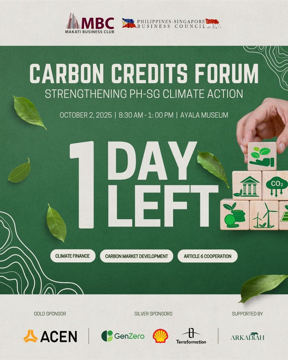 SEE YOU TOMORROW FOR THE HIGH-LEVEL FORUM ON CARBON CREDITS

Know more about the event: mbc.com.ph/mbc-carbon-cre…

This event is sponsored by ACEN (Gold), Gen Zero, Shell, and Terraformation (Silver), and supported by Arkadiah.

#MBC #carboncredits #sustainability #carbonmarket