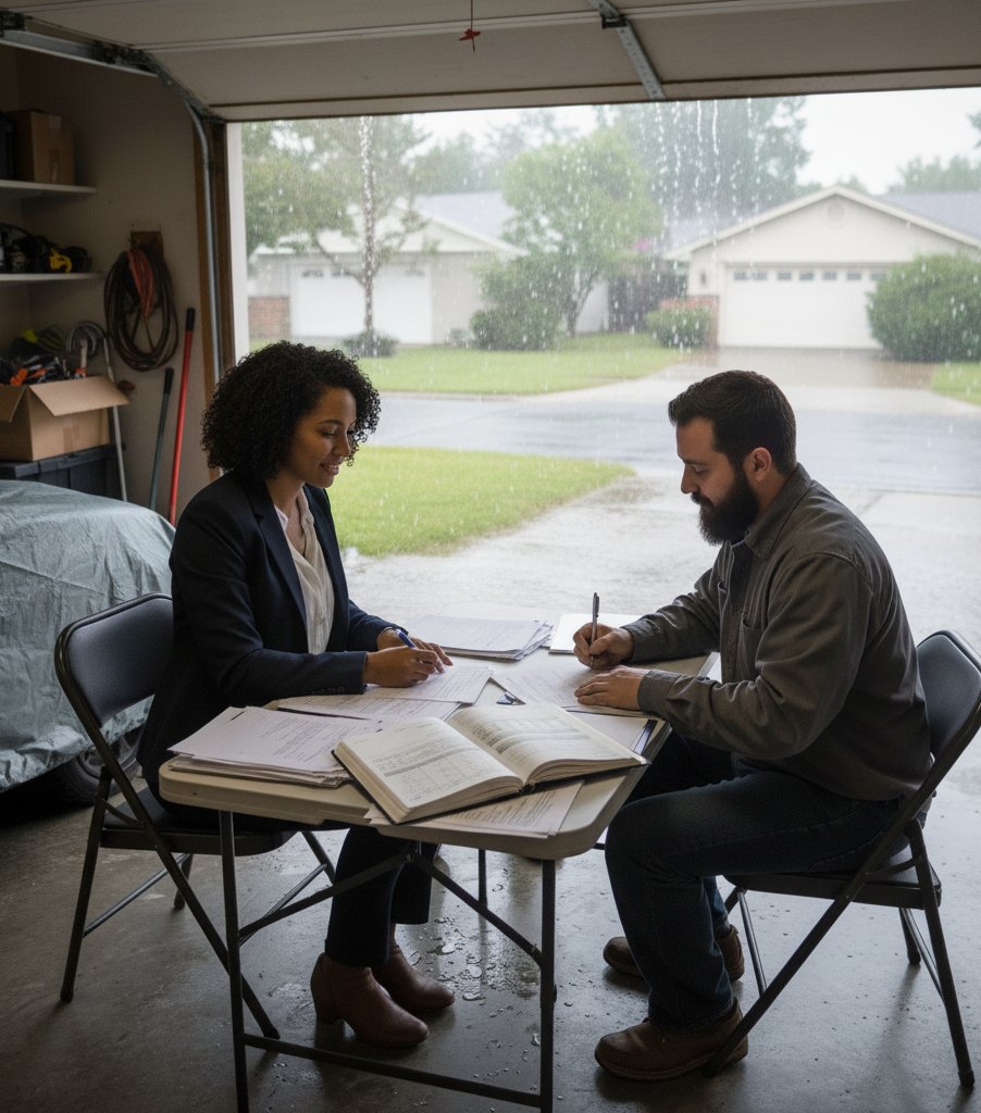 susielanda's tweet photo. Neither snow nor rain nor heat..." A notary's motto!  A quick pivot to the borrower's garage kept all the loan documents safe and dry. 💯 Always ready to accommodate https://t.co/dovwW4JThq