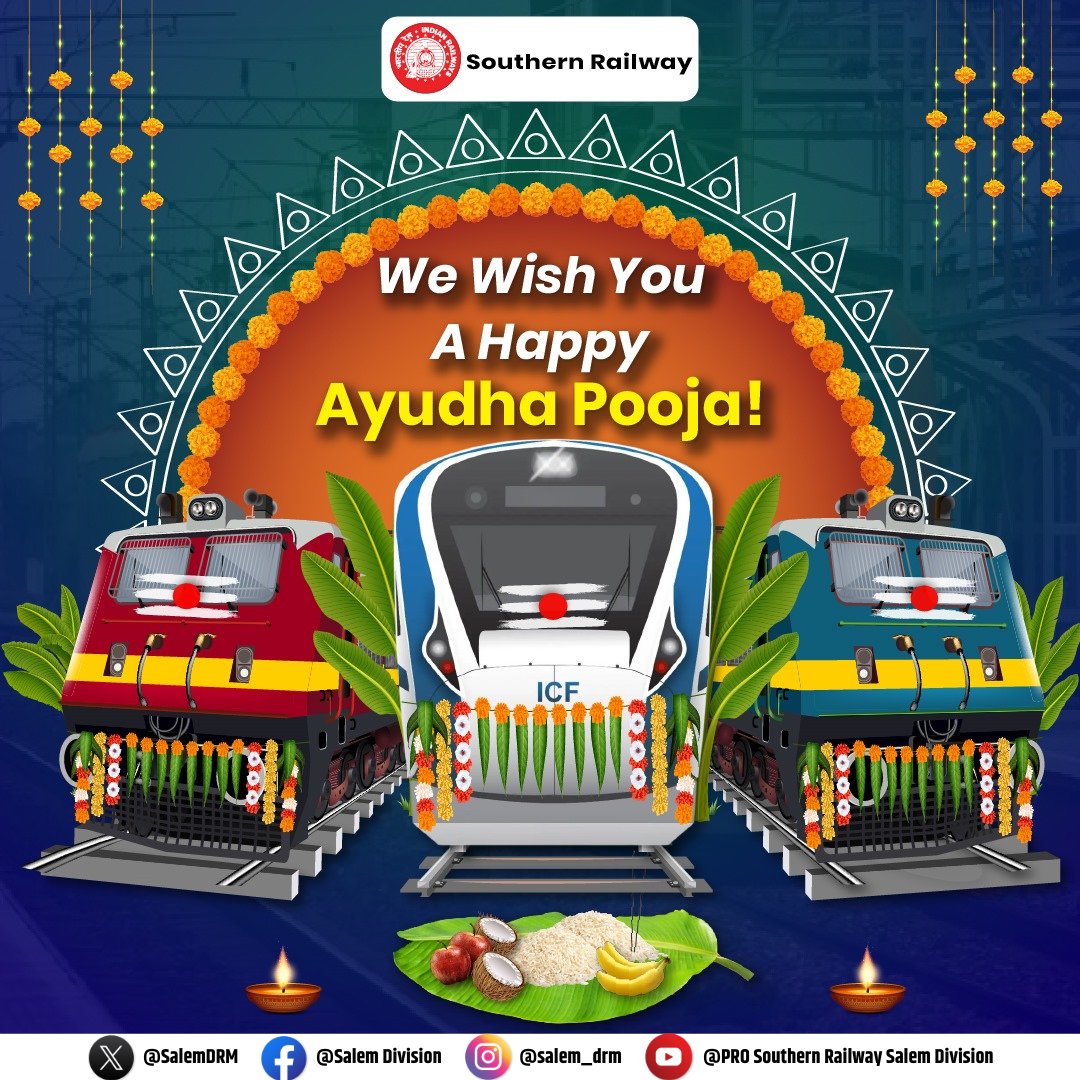 SalemDRM's tweet photo. ✨On this Ayudha Pooja, we honor the tools that keep us moving and celebrate the spirit of hard work &amp; devotion.🚆

Southern Railway Salem Division wishes you a Happy Ayudha Pooja!🌸

#AyudhaPooja #AyudhaPoojai #SouthernRailway #IndianRailways #ToolsOfProgress #TracksOfTradition https://t.co/W3o6hs7eDd