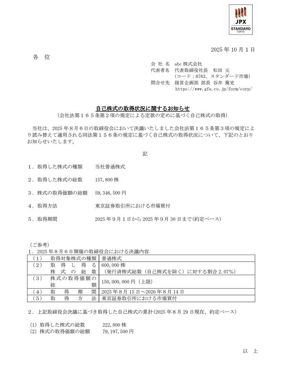 kabusuki777's tweet photo. abc（8783）が自己株式15.7万株を約5.9億円取得、累計22.2万株取得済み。発行済株式の希薄化防止・株主還元姿勢が鮮明で株価上昇期待。 https://t.co/1axxXc0yoJ