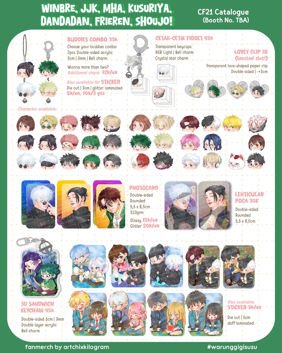 Wind breaker, Jujutsu Kaisen, Apothecary Diaries, Dandadan, Frieren, Shoujo fan-merch etc by
#warunggigisusu 

#comifuro21 #comifuro21catalogue #CFXXI