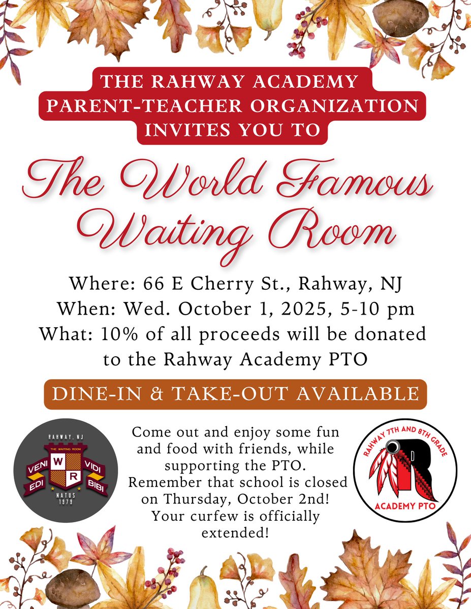 Come on out to support the Rahway Academy PTO tomorrow night, 5-10pm, at the Waiting Room!
rahway.net/p/~board/rahwa…