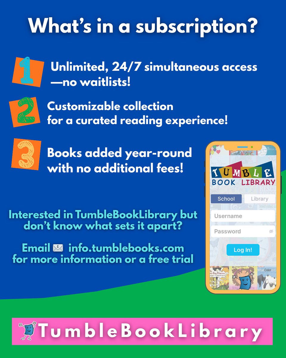 TumbleBooks's tweet image. 📚 What’s in a TumbleBookLibrary subscription?

✅ Unlimited, 24/7 access — no waitlists!
✅ Curated, customizable collection.
✅ New books added all year — no extra fees!

📩 Email info.tumblebooks.com for more info or a free trial!

#TumbleBooks #KidsLit #LibraryLife #EdTech